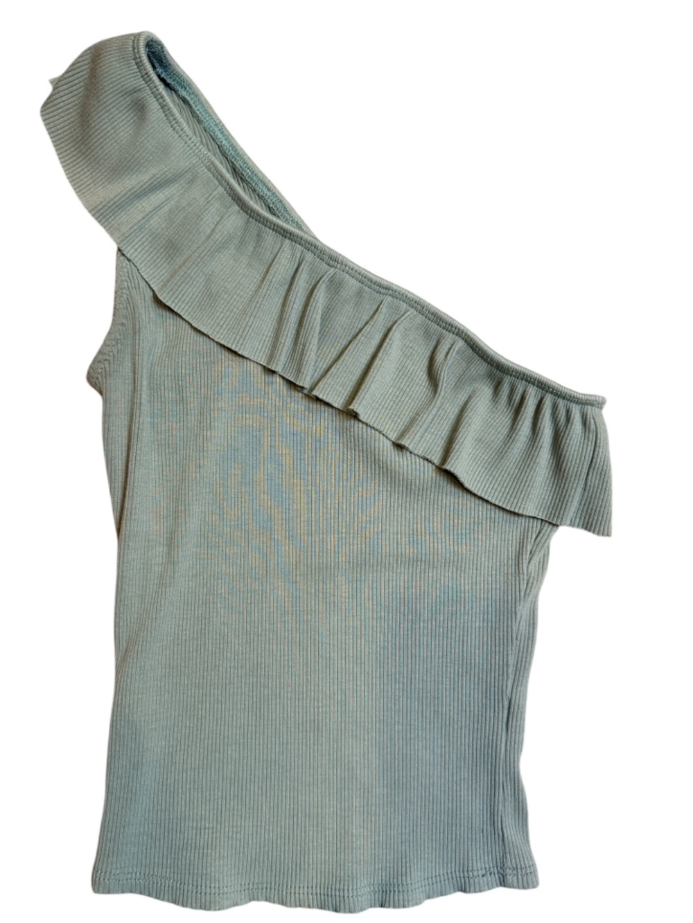 June & Ivy Small One-Shoulder Ruffle Knit Top in Sage Green